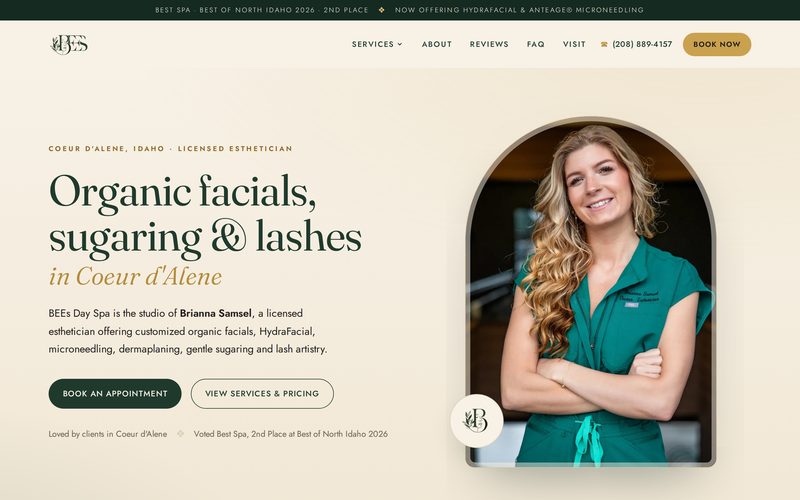 BEEs Day Spa’s website shown on a desktop browser, an esthetician studio in Coeur d’Alene, Idaho