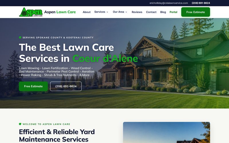Aspen Lawn Care’s website shown on a desktop browser, lawn care and landscaping in Coeur d’Alene, Idaho