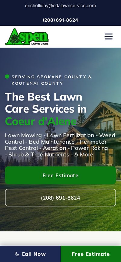 Aspen Lawn Care’s website shown on a phone, lawn care and landscaping in Coeur d’Alene, Idaho