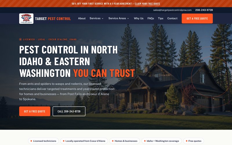 Target Pest Control’s website shown on a desktop browser, a pest control company serving North Idaho and Eastern Washington