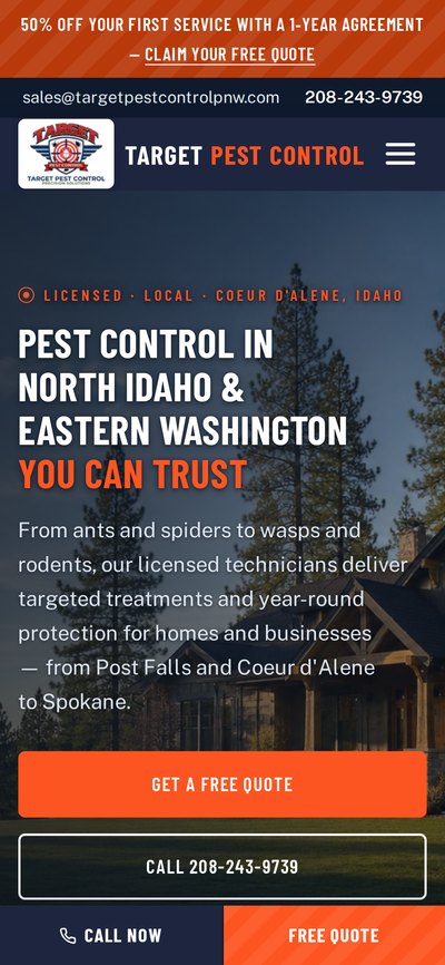 Target Pest Control’s website shown on a phone, a pest control company serving North Idaho and Eastern Washington