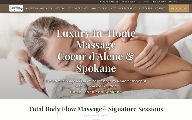Total Body Flow Massage’s website shown on a desktop browser, in-home massage in Coeur d’Alene and Spokane