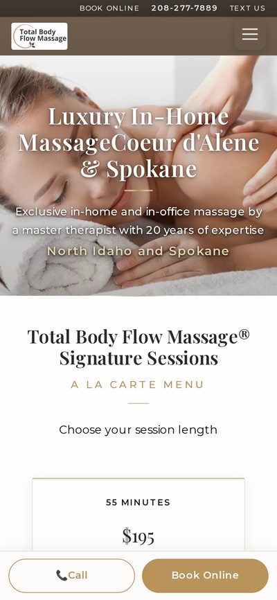 Total Body Flow Massage’s website shown on a phone, in-home massage in Coeur d’Alene and Spokane